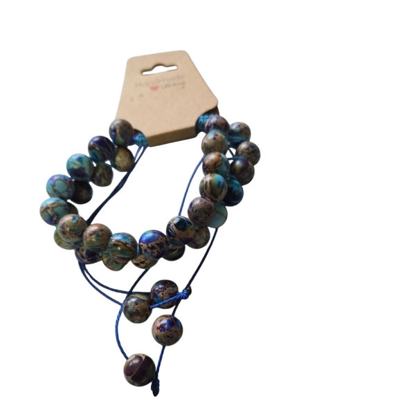 Handmade Jewelry - Blue Sediment Jasper Double Row Adjustable Handmade Bracelet A755